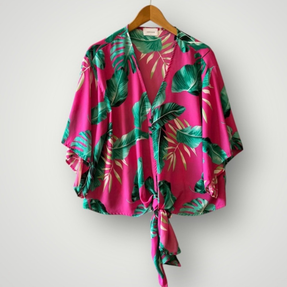 Adrienne Hot Pink Tropical Tie-Front Blouse